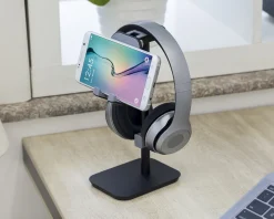 MaxMount Phone Holders|Headsets & Audio|Aluminum Headphone Stand with Tiltable Phone Holder - Black