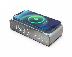 MaxMount Wireless Charging|Digital Alarm Clock with Qi-charging Silver