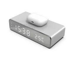 MaxMount Wireless Charging|Digital Alarm Clock with Qi-charging Silver